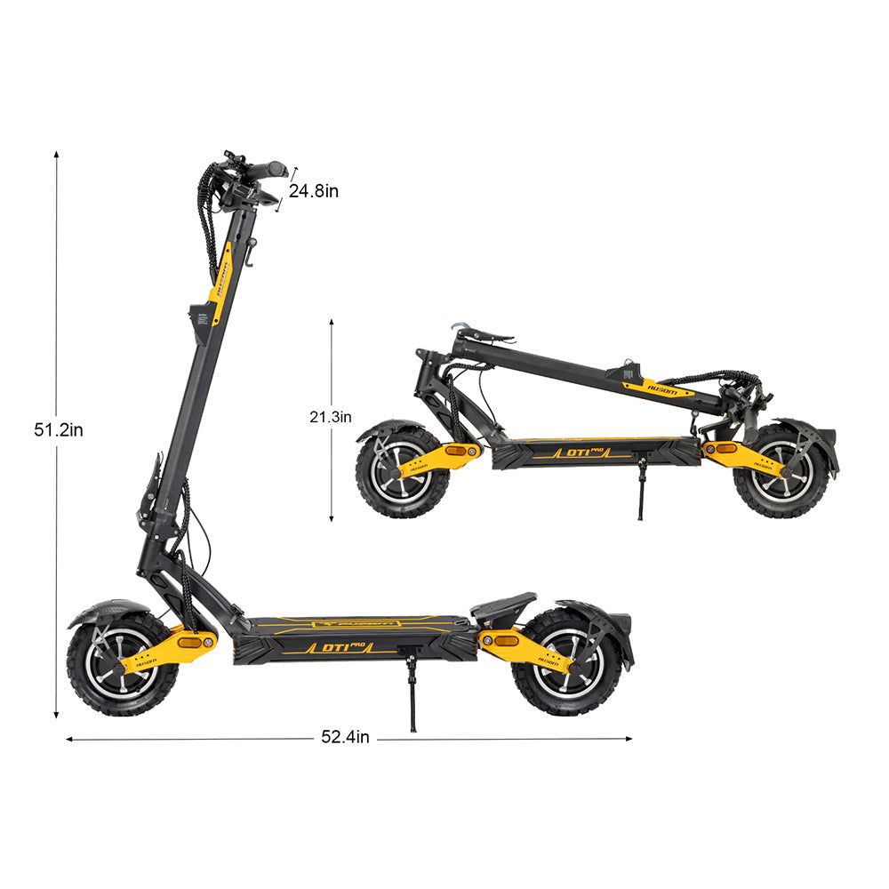 Foldable Ausom Leopard DT1 Pro electric scooter with 10-inch pneumatic tires, dual 1000W brushless motors, and dimensions shown for height and length.